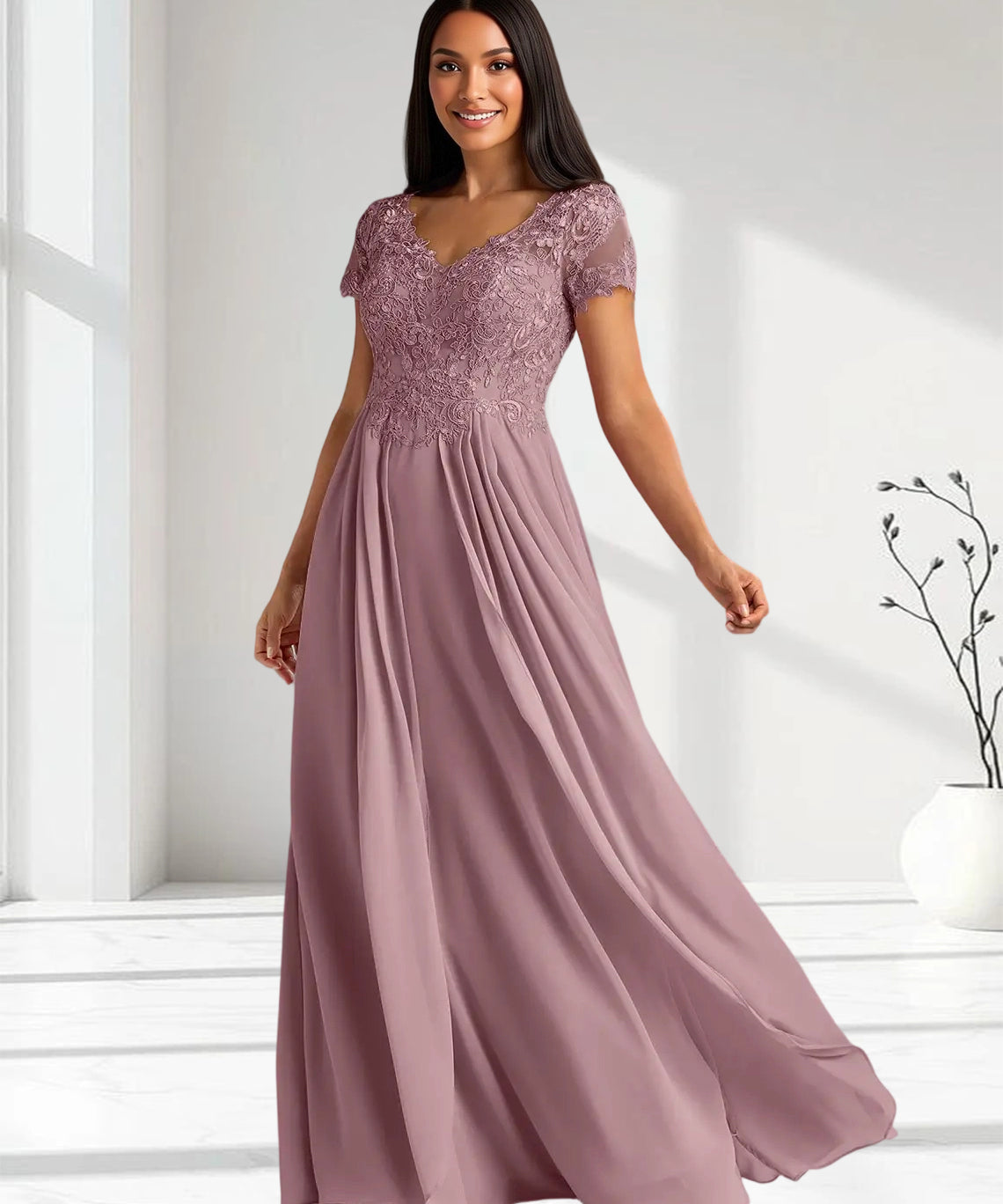 Augday Dunja A-Line V-Neck Lace Chiffon Dress