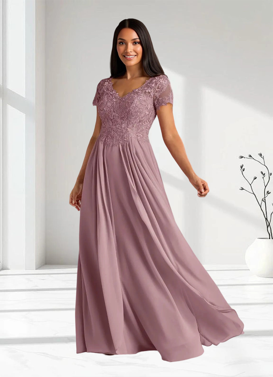 Augday Dunja A-Line V-Neck Lace Chiffon Dress