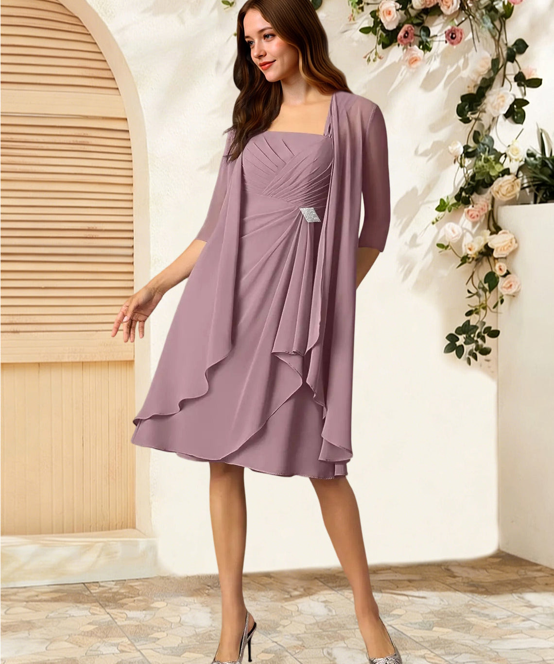 Augday Olivia A-Line Square Neckline Pleated Chiffon Dress
