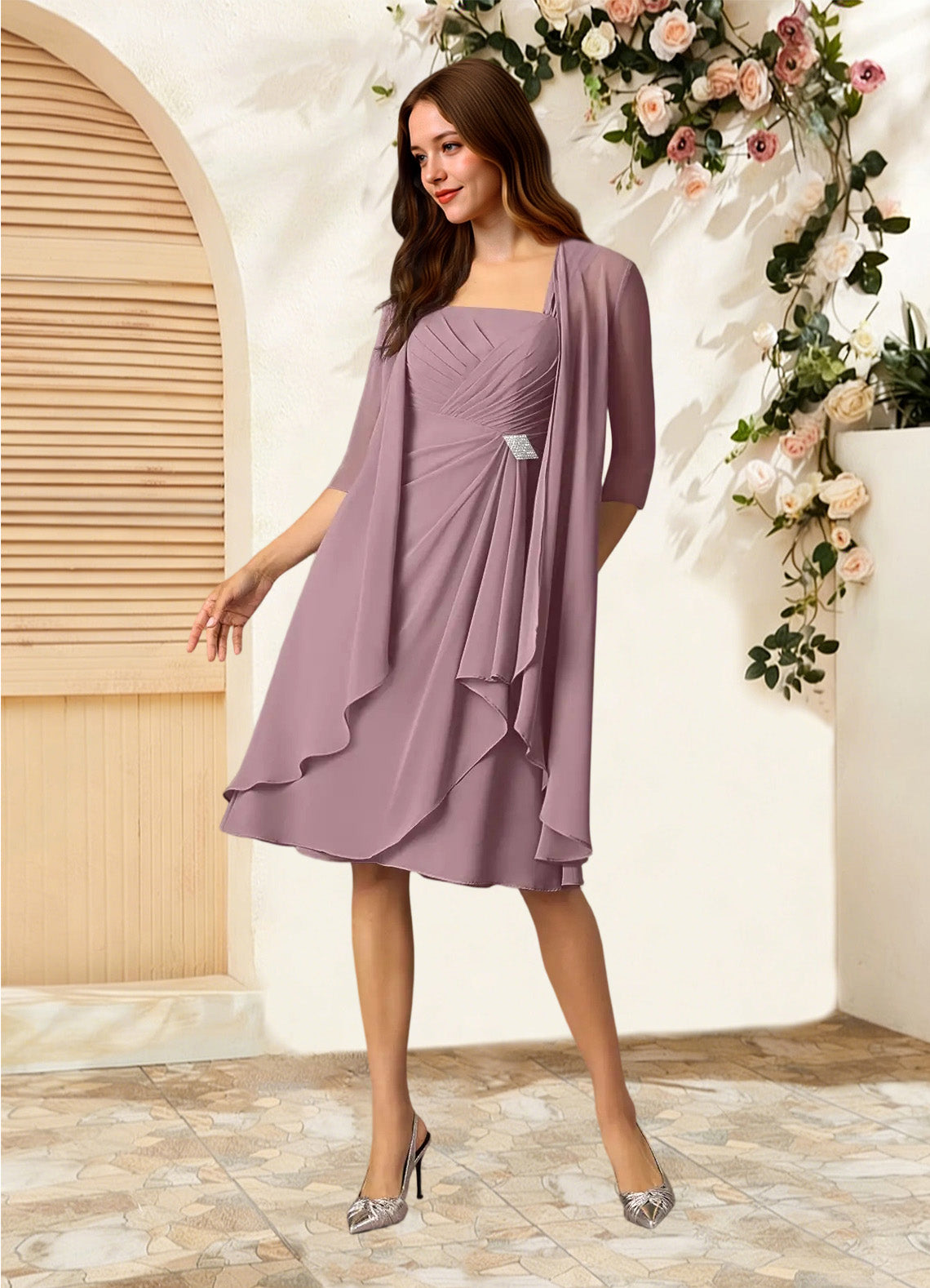 Augday Olivia A-Line Square Neckline Pleated Chiffon Dress