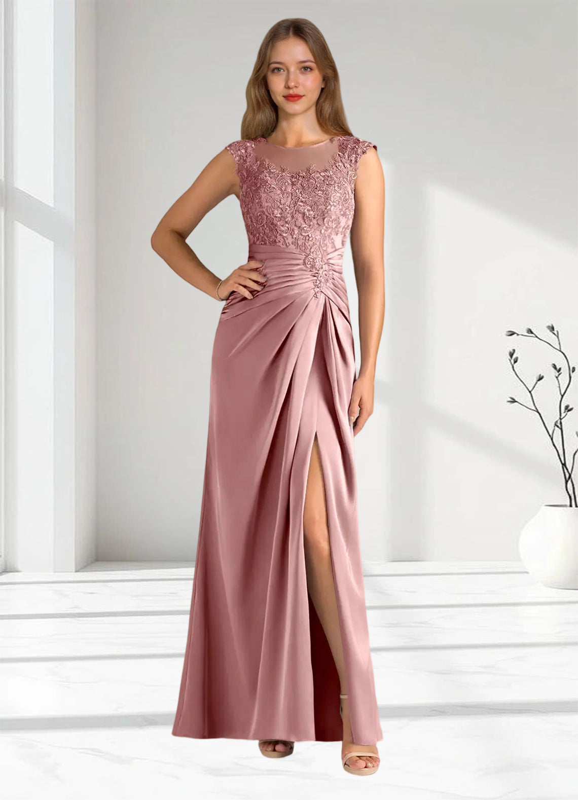 Augday Santa Barbara Sheath Pleated Stretch Satin Dress