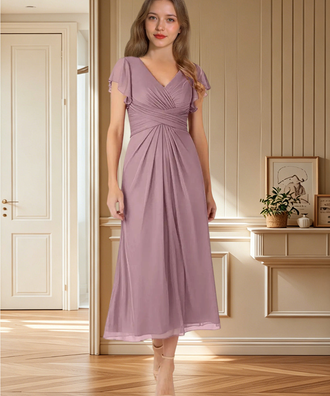 Augday Vera A-Line V-Neck Pleated Mesh Dress