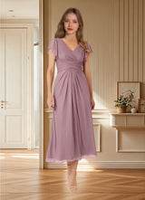 Augday Vera A-Line V-Neck Pleated Mesh Dress