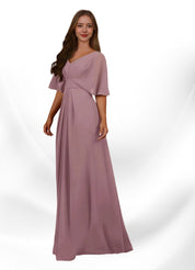 Augday Oksana A-Line V-Neck Pleated Chiffon Dress