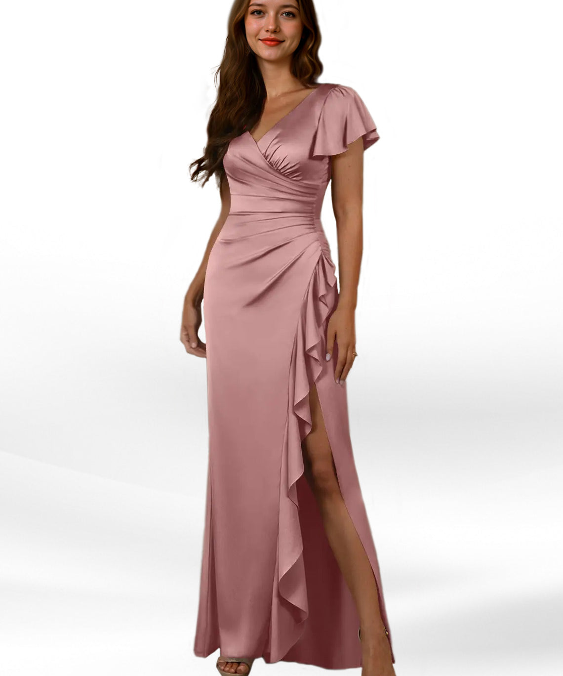 Augday Roya Mermaid V-Neck Pleated Stretch Satin Dress