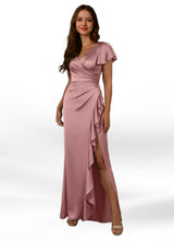 Augday Roya Mermaid V-Neck Pleated Stretch Satin Dress