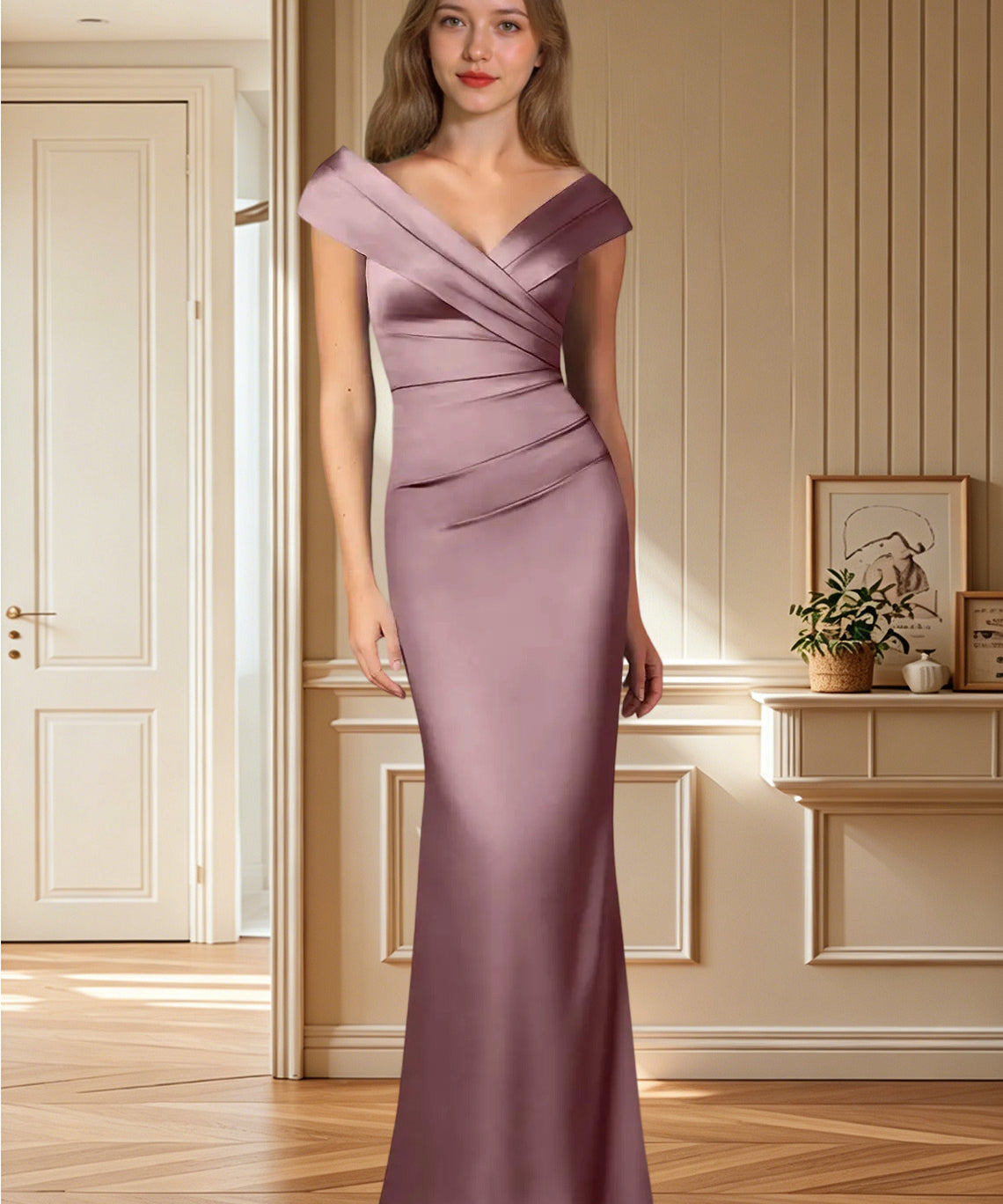 Augday Ludlow Mermaid Pleated Stretch Satin Dress