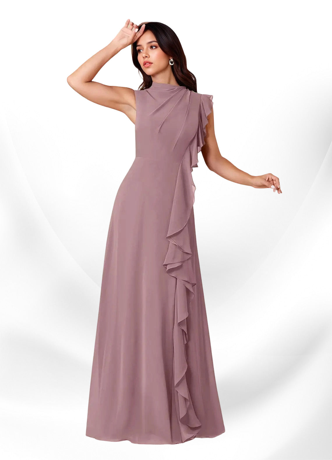 Augday Narine A-Line High Neckline Pleated Chiffon Dress