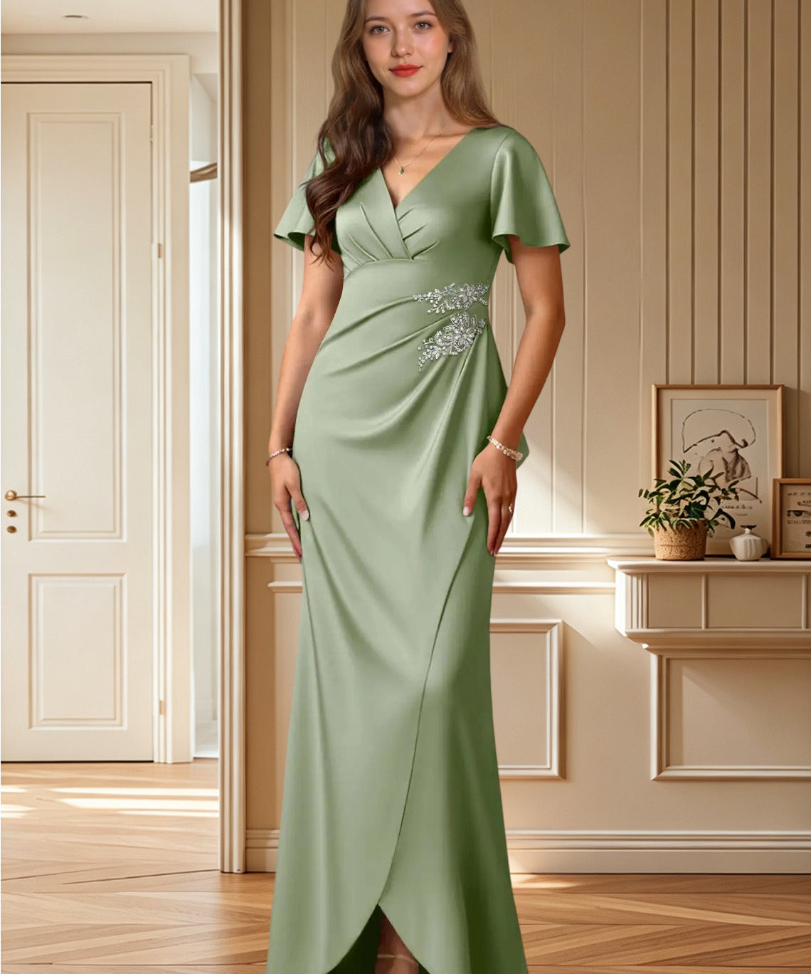 Augday Robins A-Line Pleated Stretch Satin Dress