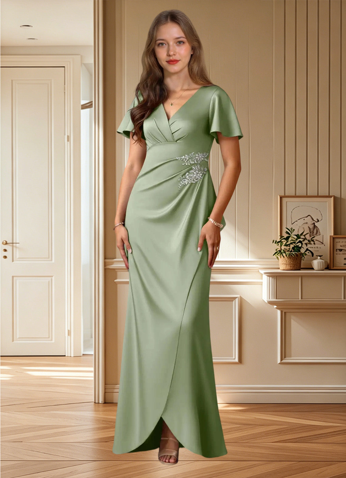 Augday Robins A-Line Pleated Stretch Satin Dress