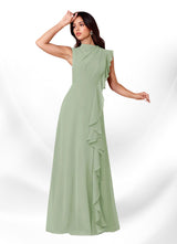 Augday Narine A-Line High Neckline Pleated Chiffon Dress