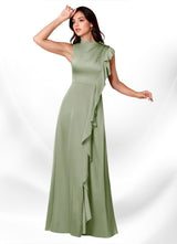 Augday Narine A-Line High Neckline Pleated Stretch Satin Dress