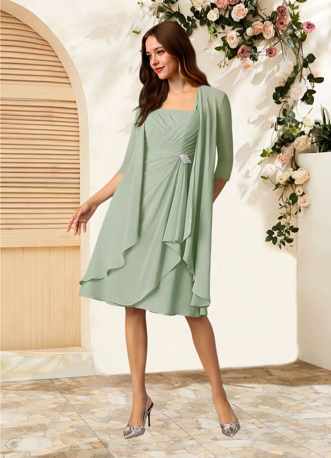 Augday Olivia A-Line Square Neckline Pleated Chiffon Dress