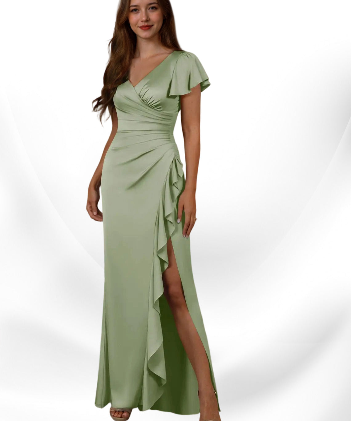 Augday Roya Mermaid V-Neck Pleated Stretch Satin