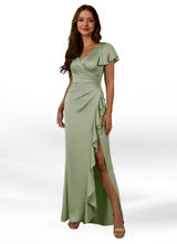 Augday Roya Mermaid V-Neck Pleated Stretch Satin Dress
