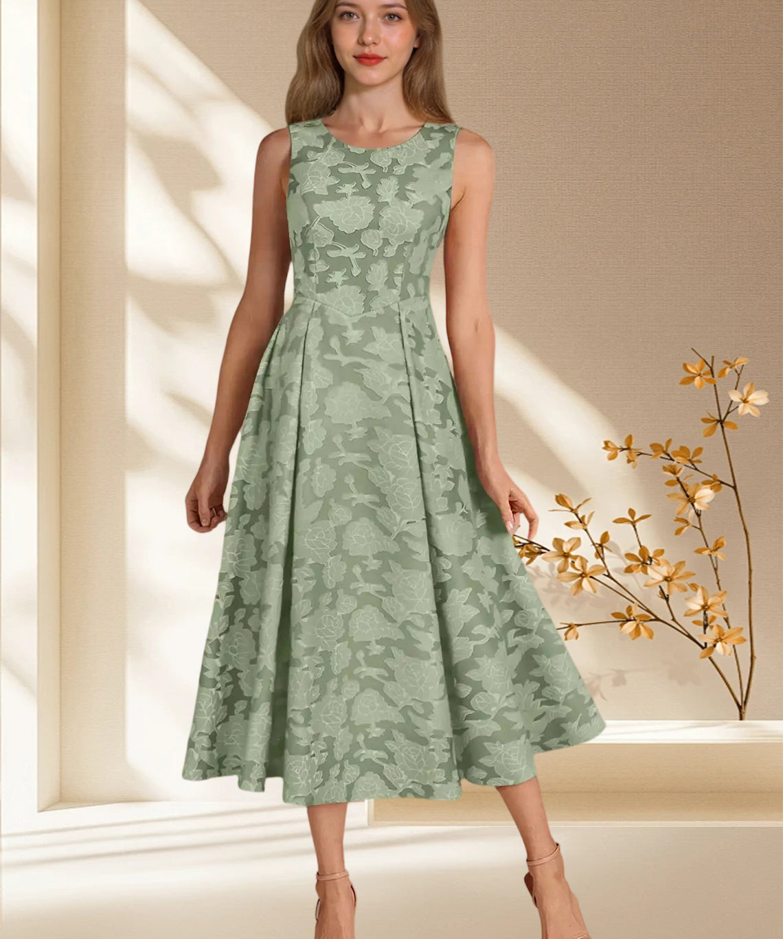 Augday Fulton A-Line Pleated Floral Burnout Dress