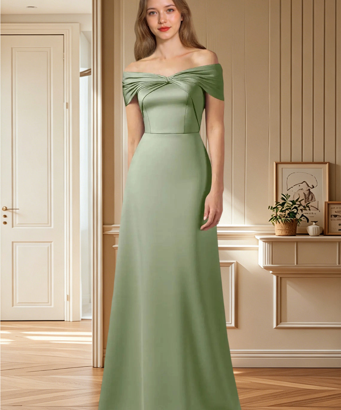 Augday Amelia A-Line Off the Shoulder Stretch Satin Dress