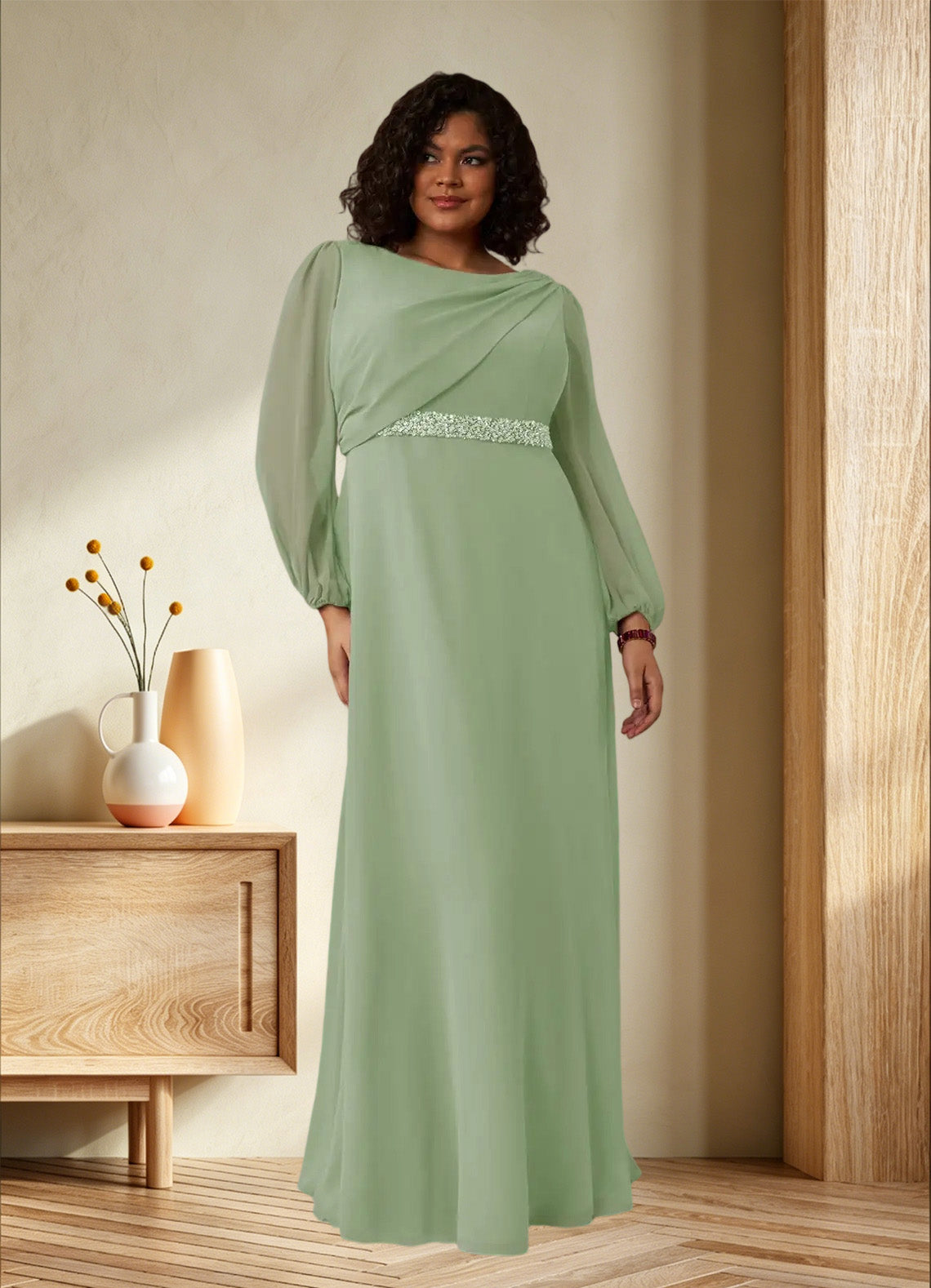 Augday Priyanka A-Line Boatneck Pleated Chiffon Dress