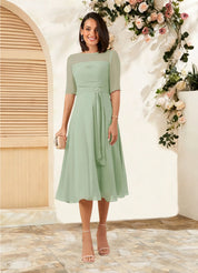 Augday Naomi A-Line Boatneck Pleated Chiffon Dress