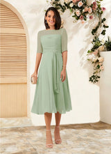 Augday Naomi A-Line Boatneck Pleated Chiffon Dress