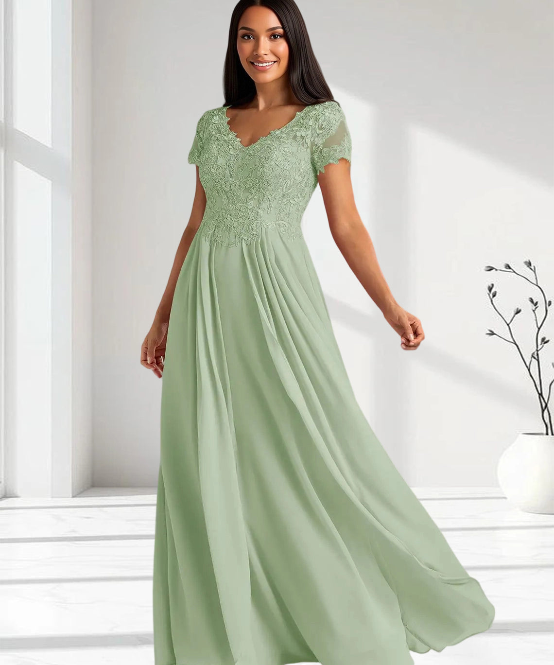 Augday Dunja A-Line V-Neck Lace Chiffon Dress