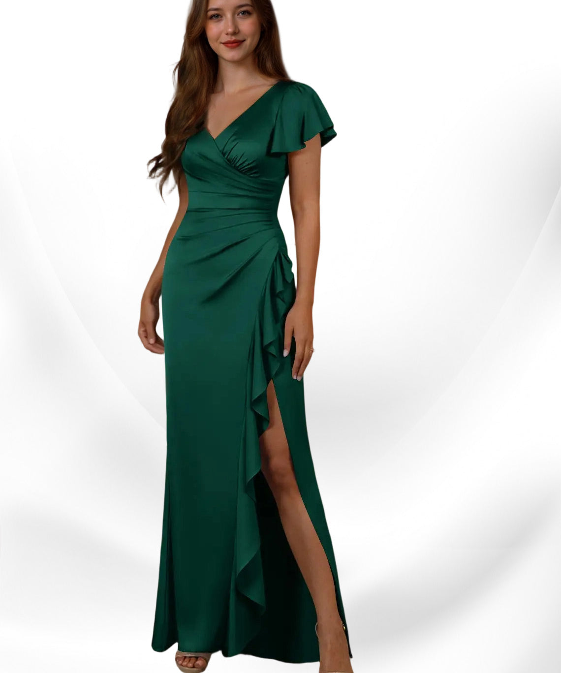 Augday Roya Mermaid V-Neck Pleated Stretch Satin