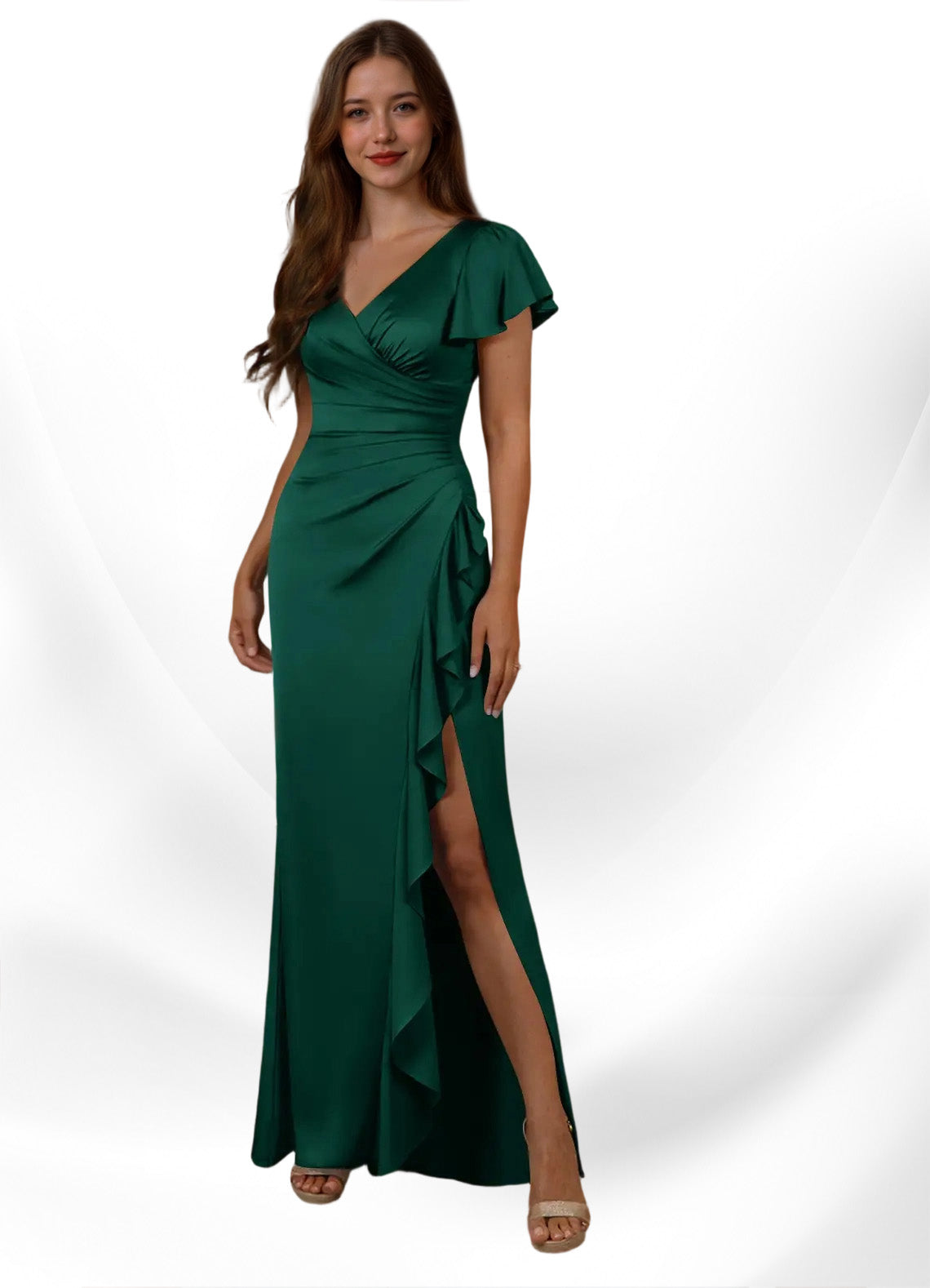 Augday Roya Mermaid V-Neck Pleated Stretch Satin