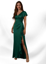 Augday Roya Mermaid V-Neck Pleated Stretch Satin