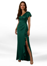 Augday Roya Mermaid V-Neck Pleated Stretch Satin Dress