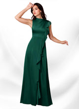 Augday Narine A-Line High Neckline Pleated Stretch Satin Dress