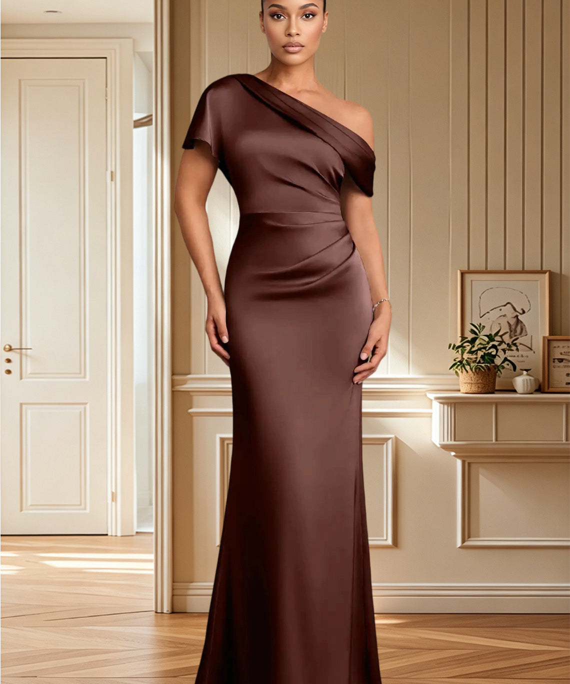 Augday Rutha Sheath One Shoulder Stretch Satin Dress