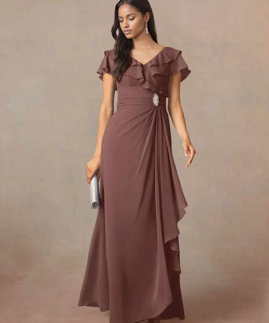 Augday A-Line V-Neck Ruched Chiffon Dress
