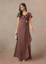 Augday A-Line V-Neck Ruched Chiffon Dress