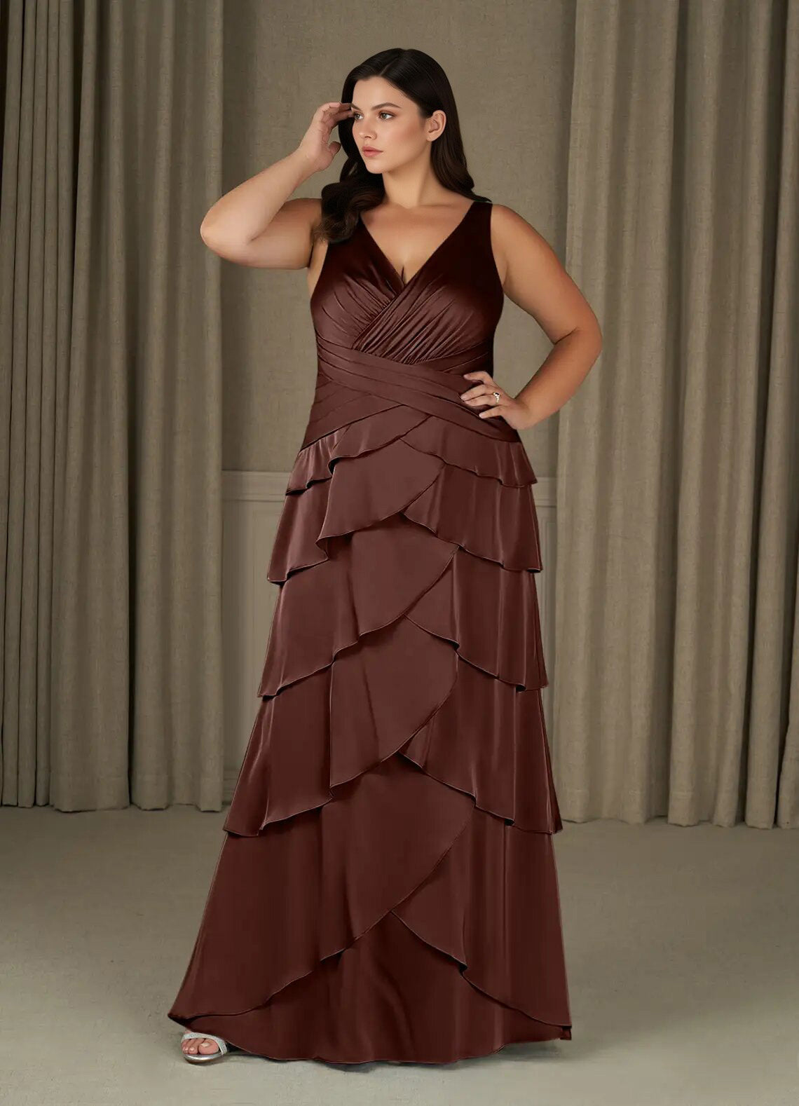 Augday Viola A-Line Pleated Stretch Satin Dress Plus Size