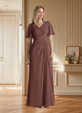Augday Morning Glory A-Line V-Neck Ruched Chiffon Dress