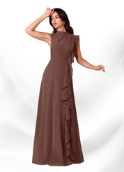 Augday Narine A-Line High Neckline Pleated Chiffon Dress