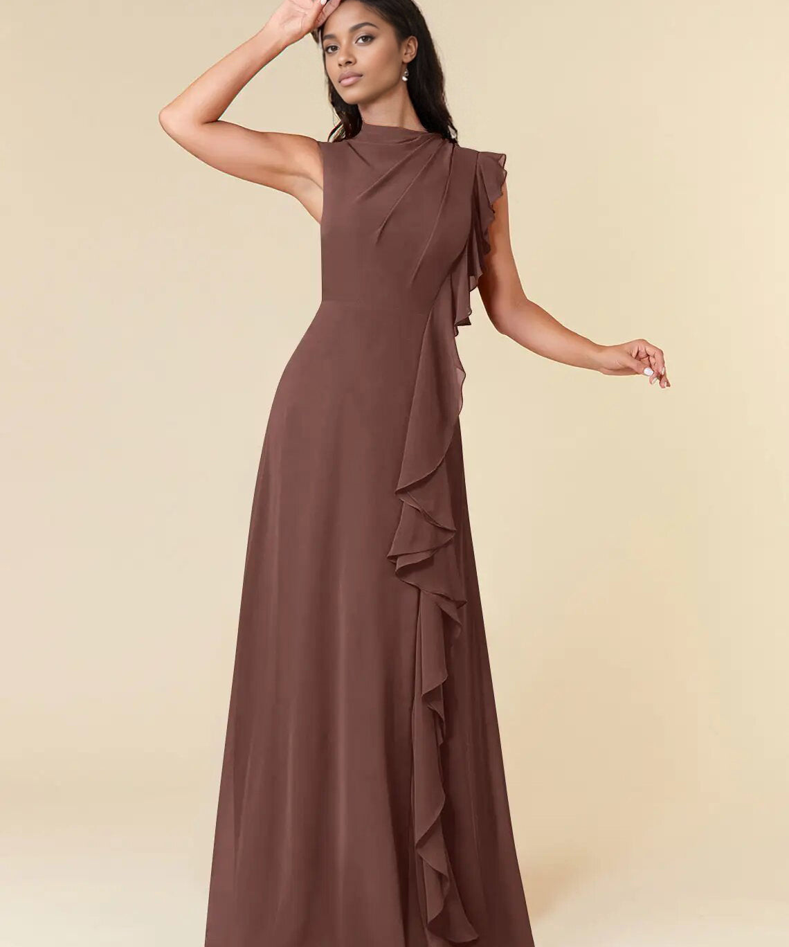 Augday A-Line High Neckline Pleated Chiffon Dress