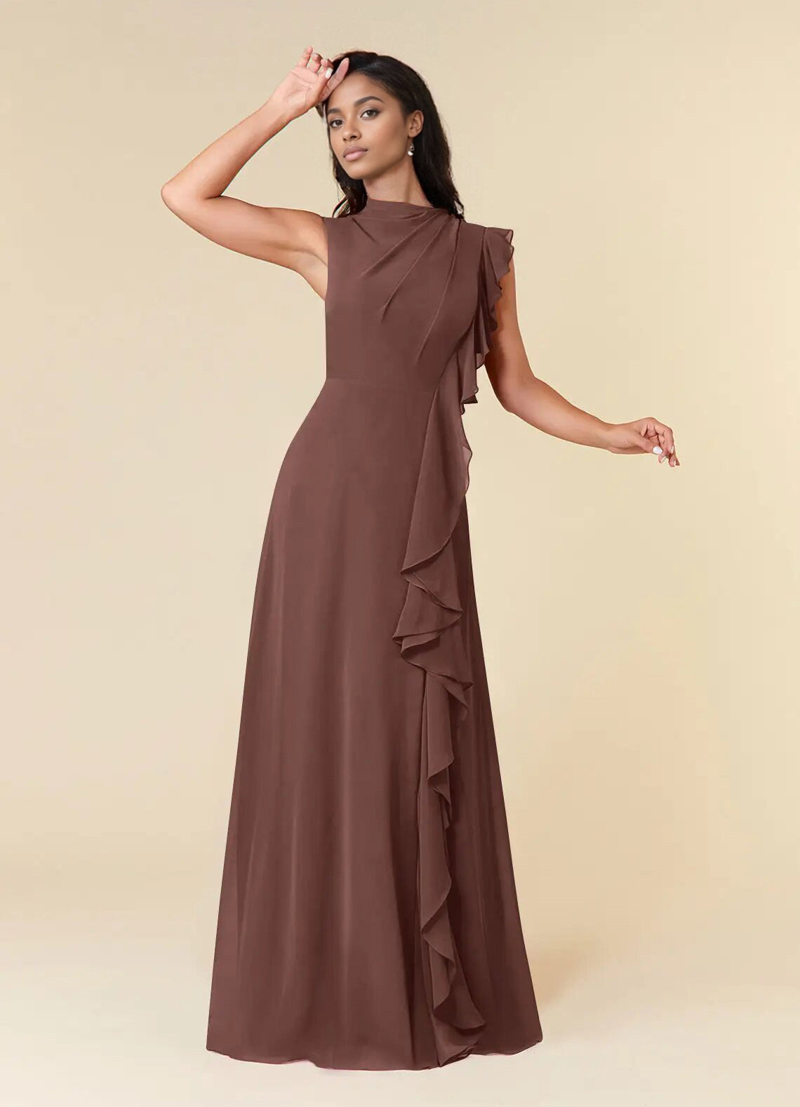 Augday A-Line High Neckline Pleated Chiffon Dress