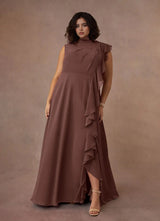 Augday A-Line High Neckline Pleated Chiffon Dress Plus Size