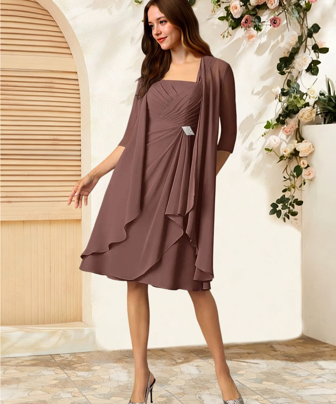 Augday Olivia A-Line Square Neckline Pleated Chiffon Dress
