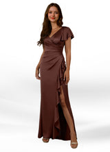 Augday Roya Mermaid V-Neck Pleated Stretch Satin Dress