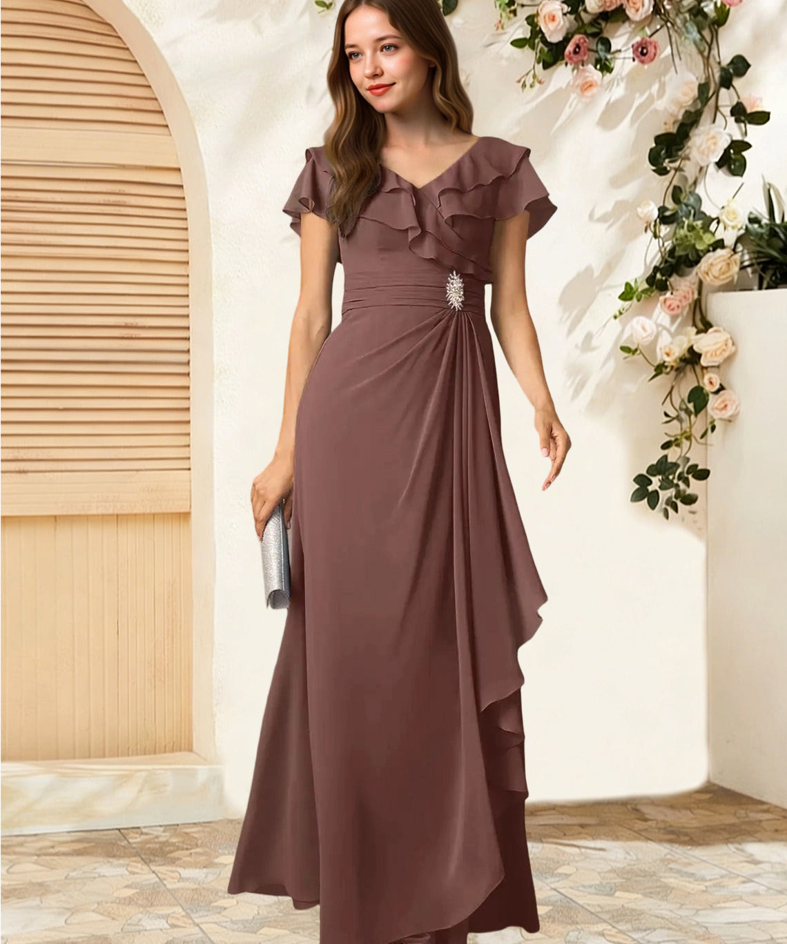 Augday Snapdragon A-Line V-Neck Ruched Chiffon Dress