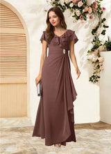 Augday Snapdragon A-Line V-Neck Ruched Chiffon Dress