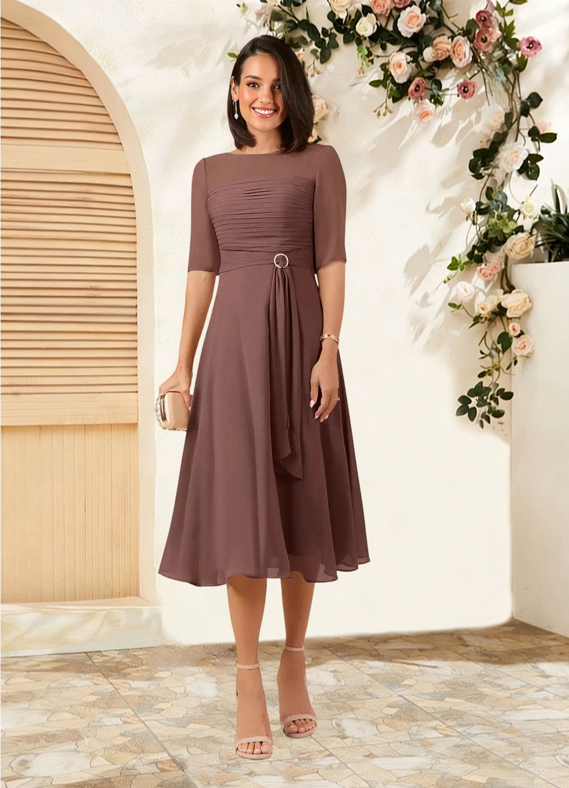 Augday Naomi A-Line Boatneck Pleated Chiffon Dress