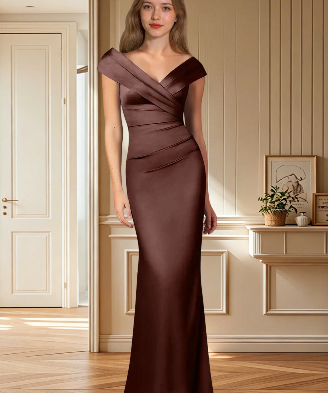 Augday Ludlow Mermaid Pleated Stretch Satin Dress