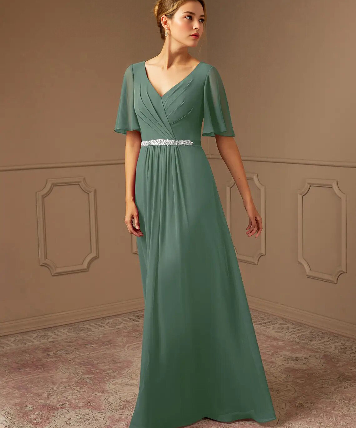 Augday A-Line V-Neck Pleated Chiffon Dress