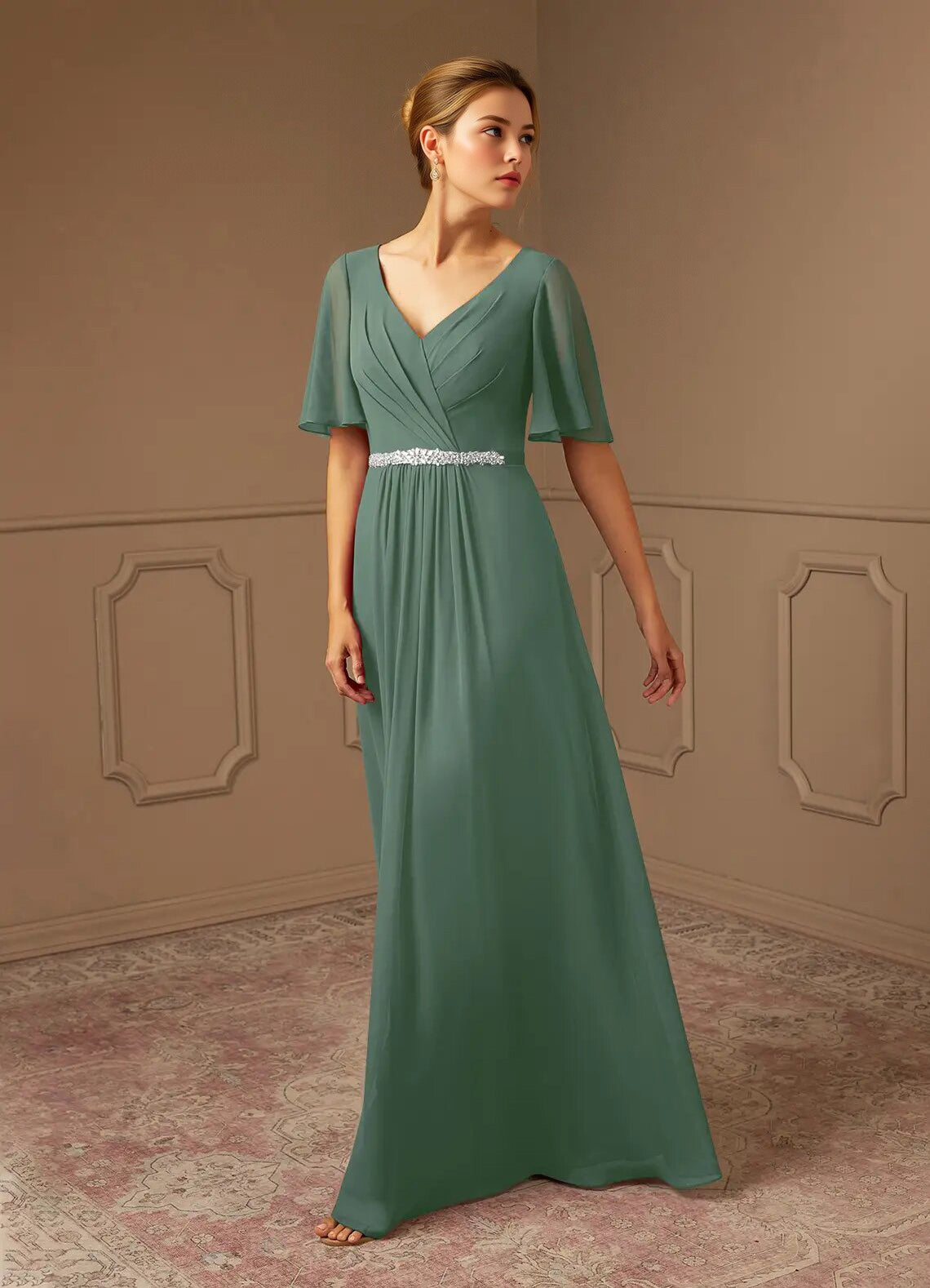 Augday A-Line V-Neck Pleated Chiffon Dress