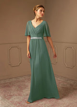 Augday A-Line V-Neck Pleated Chiffon Dress