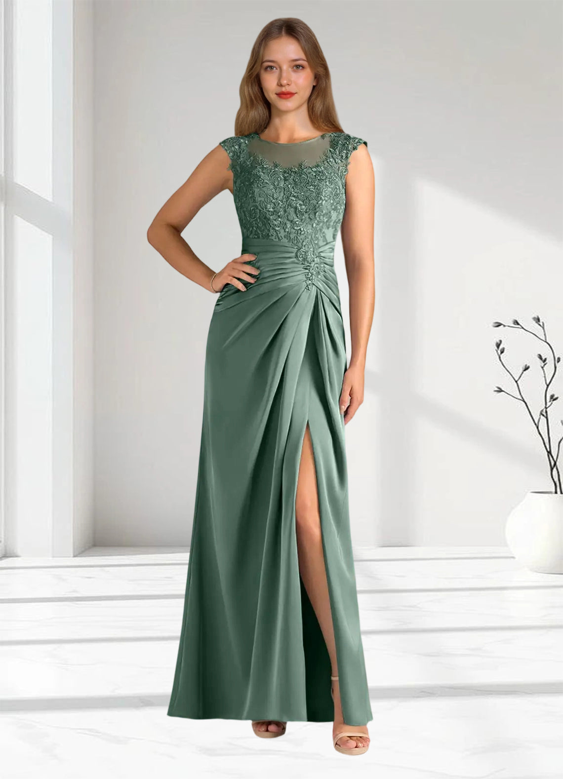 Augday Santa Barbara Sheath Pleated Stretch Satin Dress