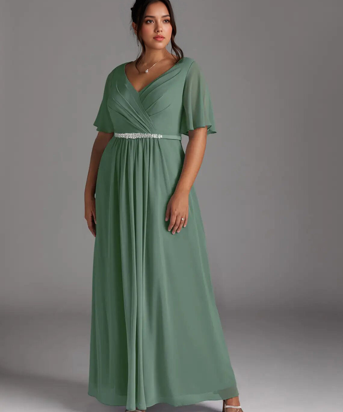 Augday A-Line V-Neck Pleated Chiffon Dress Plus Size
